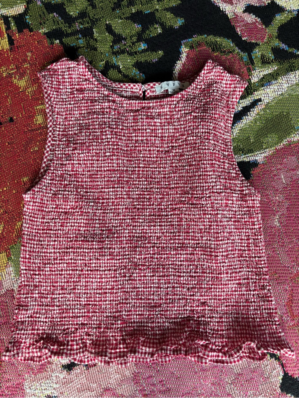 Red and Cream Gingham Smocked Sleeveless Women's Top